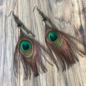 Large Peacock Dangle Earrings Copper Chain & Hook